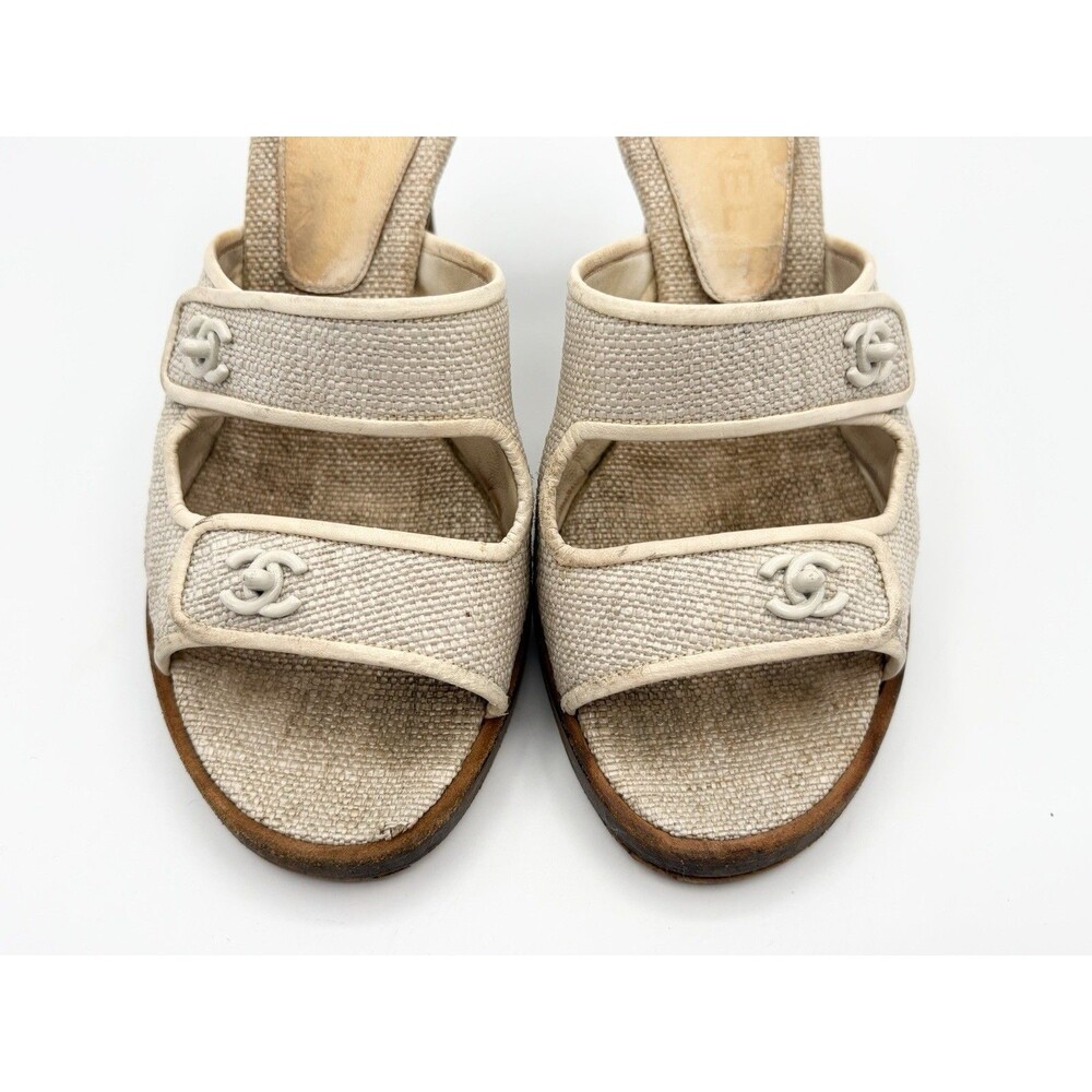 Chanel Gray Canvas Turnlock Mules Sandals Heels CC Logo Vintage Y2K EU 35 - Picture 5 of 10
